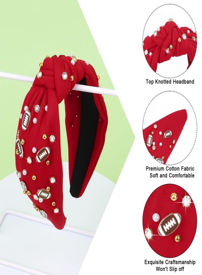 YARIEW Football Headband for Women Pearl Rhinestone Jeweled Knotted Headband Fashion Headband Wide Game Day Sports Hair Accessories Gift for Football Mom Fans Christmas (Red) - Image 4